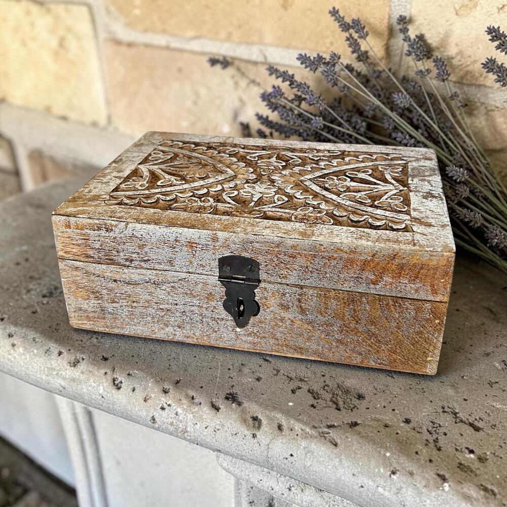 Vintage Carved Wood Decorative Box | Rustic Accent Decor | Decorative Storage